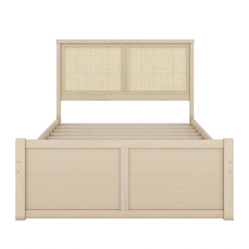 Lit plateforme de rangement double en bois naturel antique avec 4 tiroirs et tête de lit en rotin