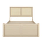 Lit plateforme de rangement double en bois naturel antique avec 4 tiroirs et tête de lit en rotin