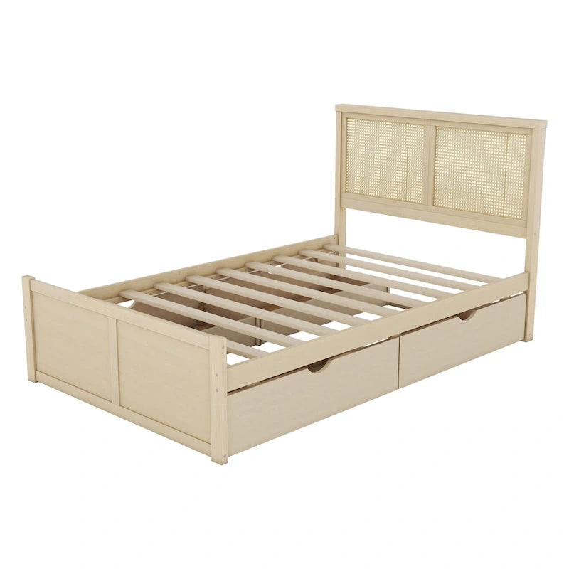 Lit plateforme de rangement double en bois naturel antique avec 4 tiroirs et tête de lit en rotin