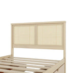 Lit plateforme de rangement double en bois naturel antique avec 4 tiroirs et tête de lit en rotin