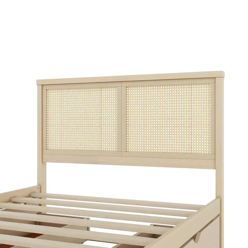 Lit plateforme de rangement double en bois naturel antique avec 4 tiroirs et tête de lit en rotin