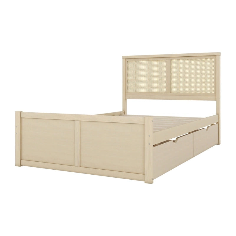 Lit plateforme de rangement double en bois naturel antique avec 4 tiroirs et tête de lit en rotin