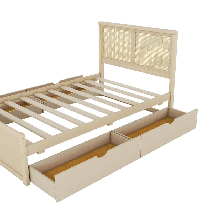 Lit plateforme de rangement double en bois naturel antique avec 4 tiroirs et tête de lit en rotin