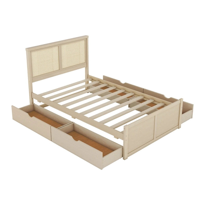 Lit plateforme de rangement double en bois naturel antique avec 4 tiroirs et tête de lit en rotin