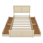 Lit plateforme de rangement double en bois naturel antique avec 4 tiroirs et tête de lit en rotin