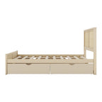 Lit plateforme de rangement double en bois naturel antique avec 4 tiroirs et tête de lit en rotin