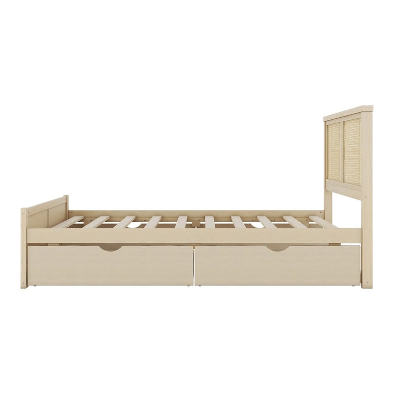 Lit plateforme de rangement double en bois naturel antique avec 4 tiroirs et tête de lit en rotin