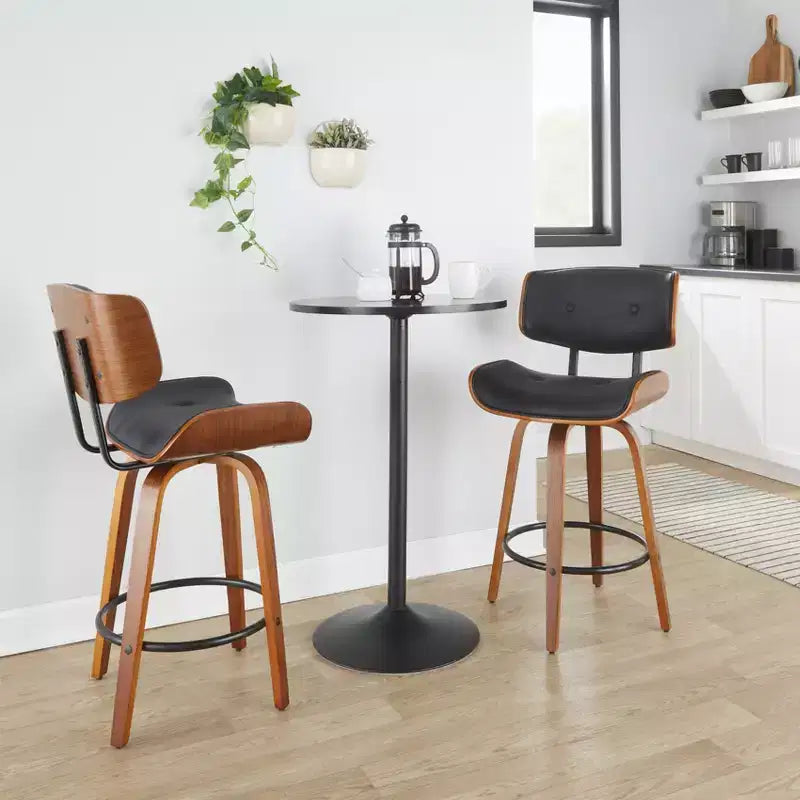 Lot de 2 tabourets de bar hauteur comptoir Lombardi Noyer/Noir : Milieu du siècle moderne, Hauteur fixe, Pivotant - LumiSource