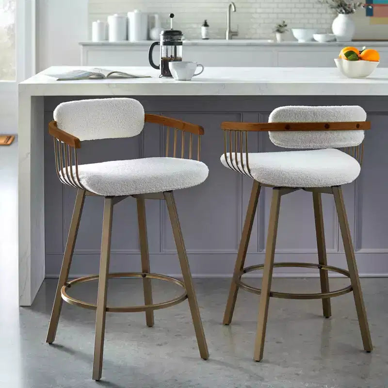 Tabouret de bar Buylateral Salvatore pivotant à hauteur de comptoir blanc/or antique : Boucle rembourré, cadre en métal, fixe 68,5 cm