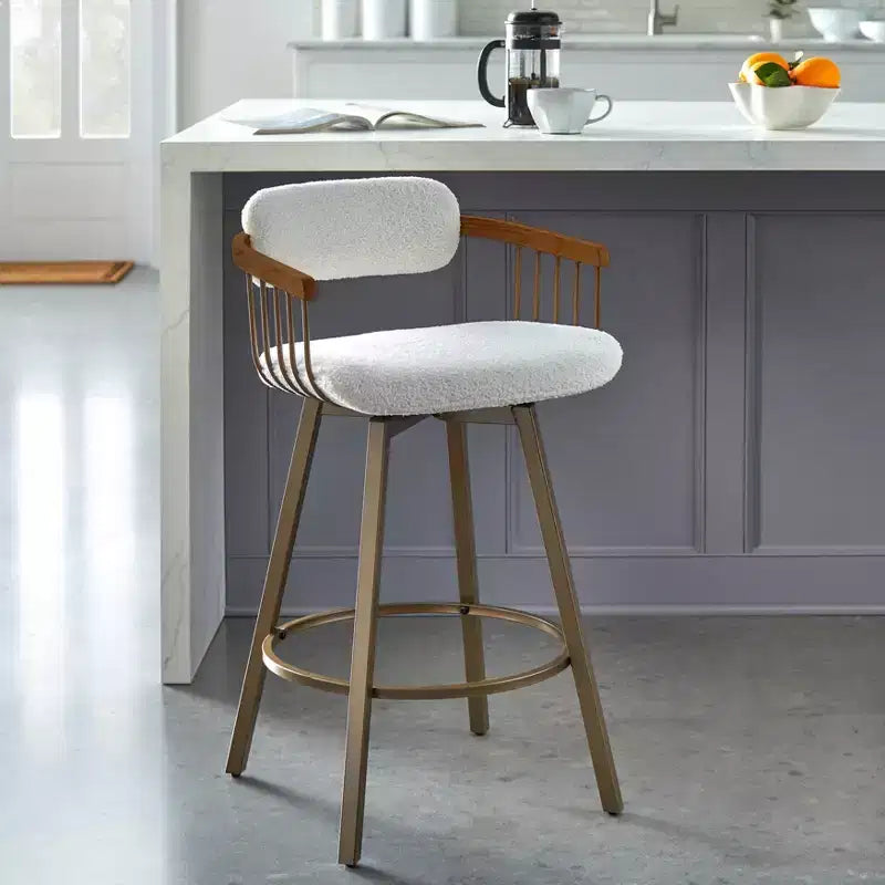 Tabouret de bar Buylateral Salvatore pivotant à hauteur de comptoir blanc/or antique : Boucle rembourré, cadre en métal, fixe 68,5 cm