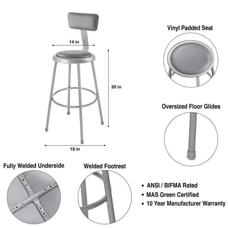 Hampden Furnishings Lot de 2 tabourets de bar 76 cm avec dossier collection Otto, gris : Vinyle rembourré, cadre en acier, capacité 136 kg