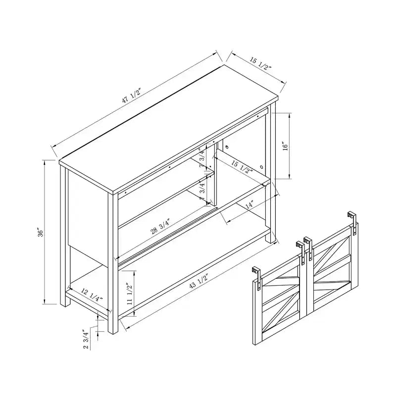 Buffet de ferme 47 po Quailridge Farmhouse 4 étagères avec portes de grange en chêne blanc - miBasics : Bois d'ingénierie, rangement réglable