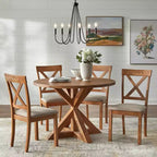Ensemble de salle à manger rond 5 pièces Buylateral Crenshaw avec chaises à coussin en lin Driftwood : Bois d'hévéa massif, chaises à coussin en lin