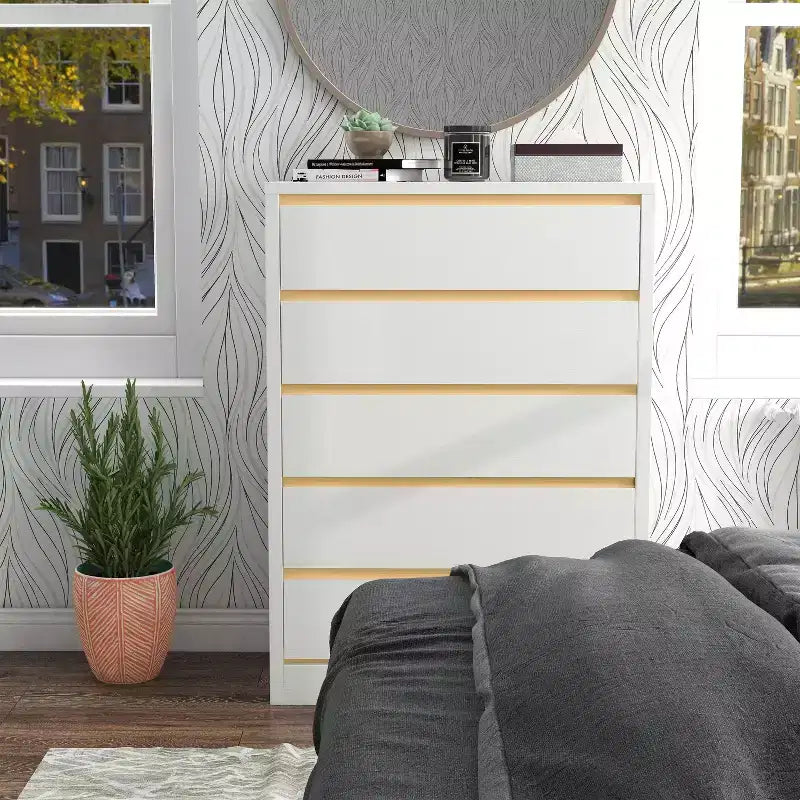 miBasics Gailyn Commode haute moderne à 5 tiroirs blanche : Rangement vertical, finition lisse, quincaillerie métallique