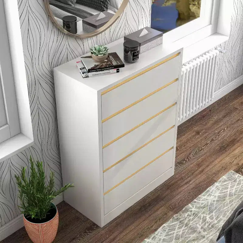 miBasics Gailyn Commode haute moderne à 5 tiroirs blanche : Rangement vertical, finition lisse, quincaillerie métallique