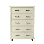 Commode 5 tiroirs de 96,5 cm de large avec élégantes poignées en métal à grain de bois aspect scié blanc cassé – Festivo : Organiseur de rangement de style ferme moderne en MDF