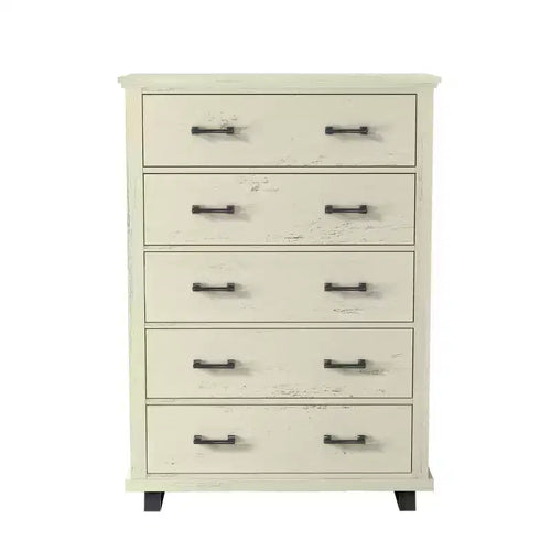 Commode 5 tiroirs de 96,5 cm de large avec élégantes poignées en métal à grain de bois aspect scié blanc cassé – Festivo : Organiseur de rangement de style ferme moderne en MDF