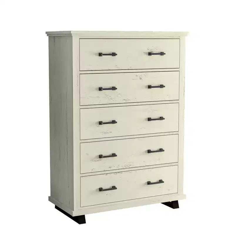 Commode 5 tiroirs de 96,5 cm de large avec élégantes poignées en métal à grain de bois aspect scié blanc cassé – Festivo : Organiseur de rangement de style ferme moderne en MDF
