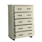 Commode 5 tiroirs de 96,5 cm de large avec élégantes poignées en métal à grain de bois aspect scié blanc cassé – Festivo : Organiseur de rangement de style ferme moderne en MDF