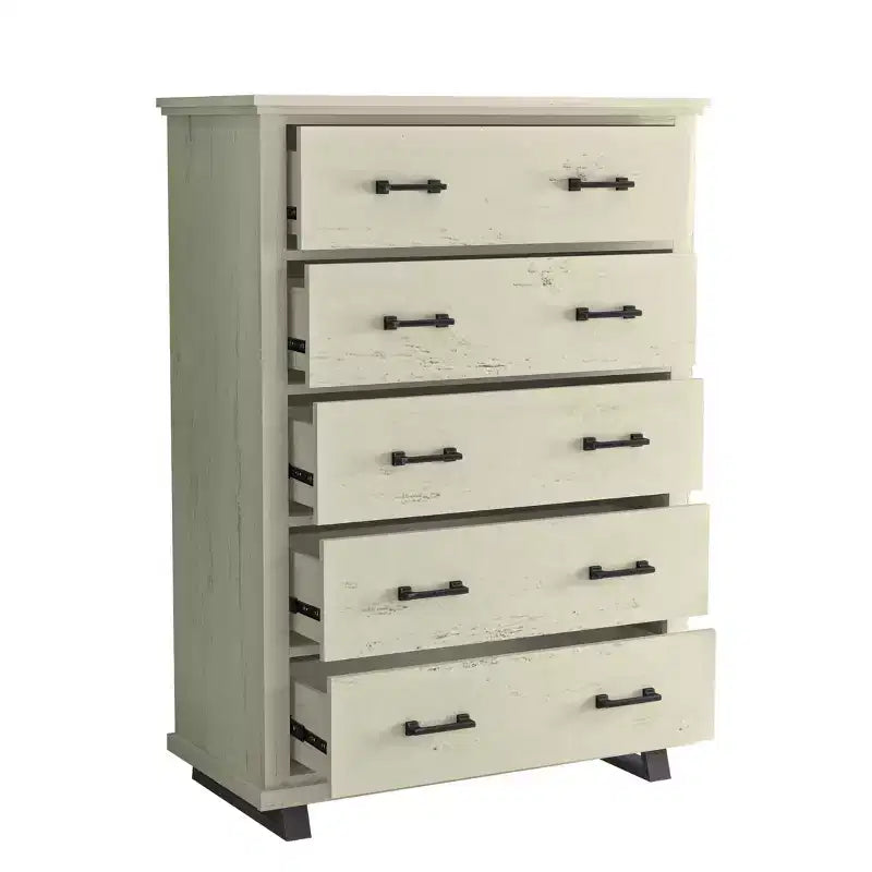 Commode 5 tiroirs de 96,5 cm de large avec élégantes poignées en métal à grain de bois aspect scié blanc cassé – Festivo : Organiseur de rangement de style ferme moderne en MDF