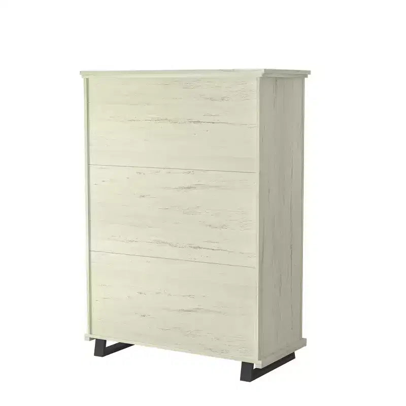 Commode 5 tiroirs de 96,5 cm de large avec élégantes poignées en métal à grain de bois aspect scié blanc cassé – Festivo : Organiseur de rangement de style ferme moderne en MDF