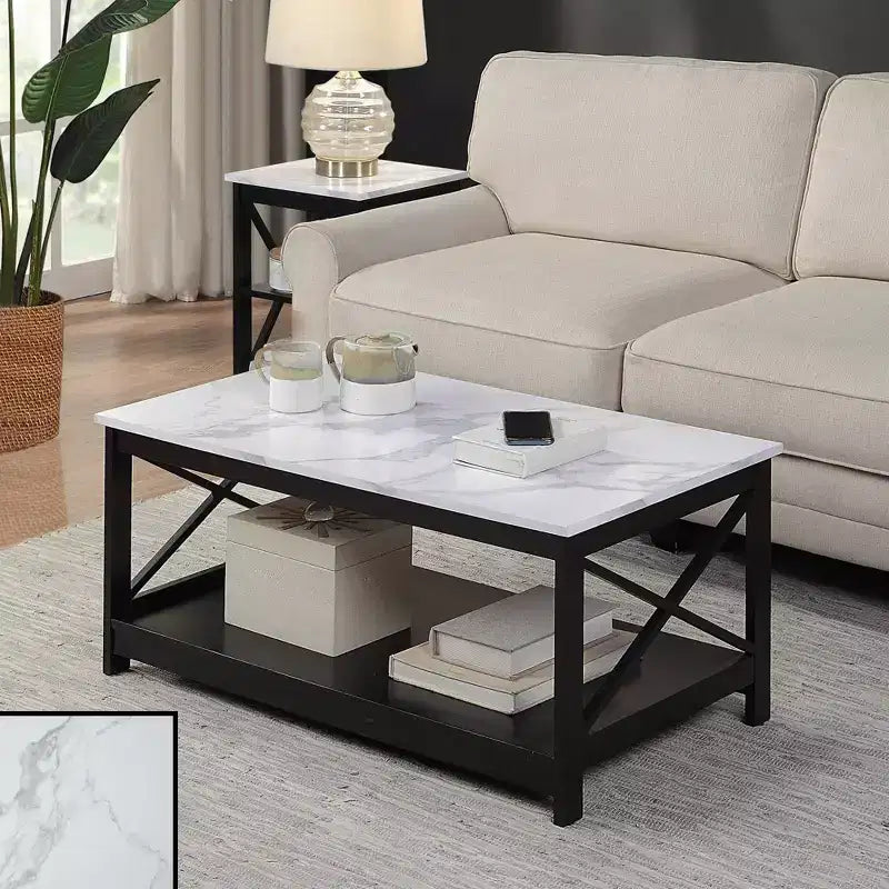 Table basse Breighton Home Oxford avec étagère en faux marbre blanc/noir