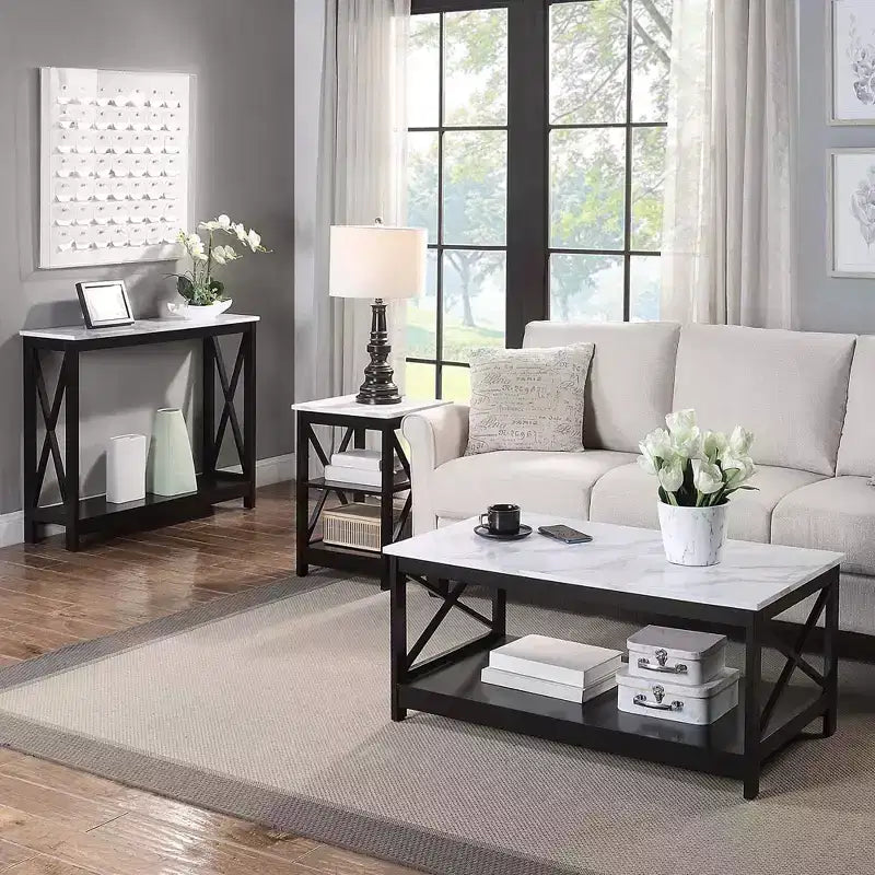 Table basse Breighton Home Oxford avec étagère en faux marbre blanc/noir