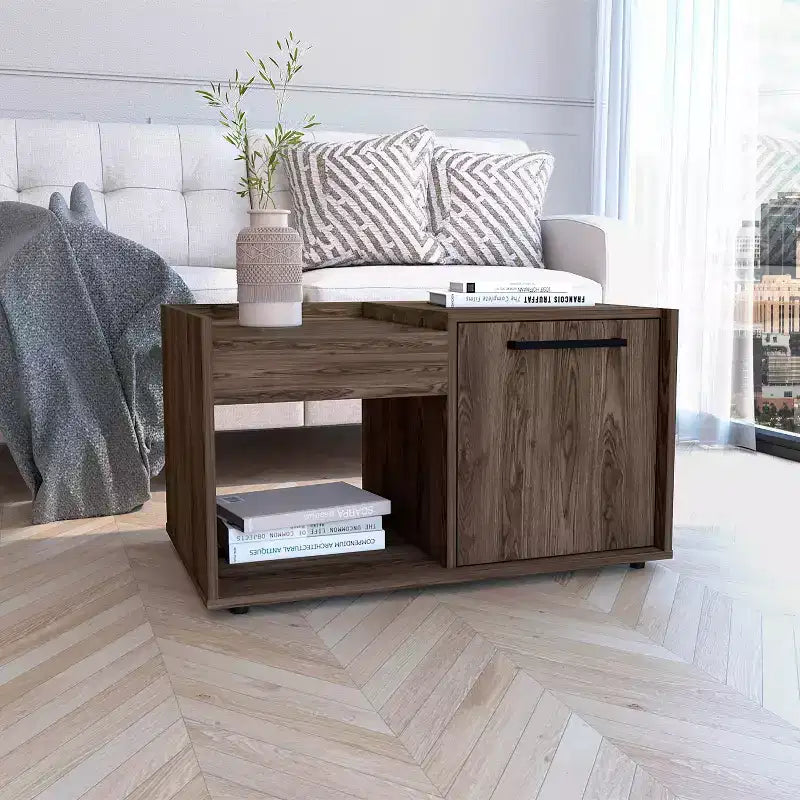 Table basse Sienne Noyer foncé - Boahaus : Avec tiroir, étagère inférieure, design ergonomique moderne