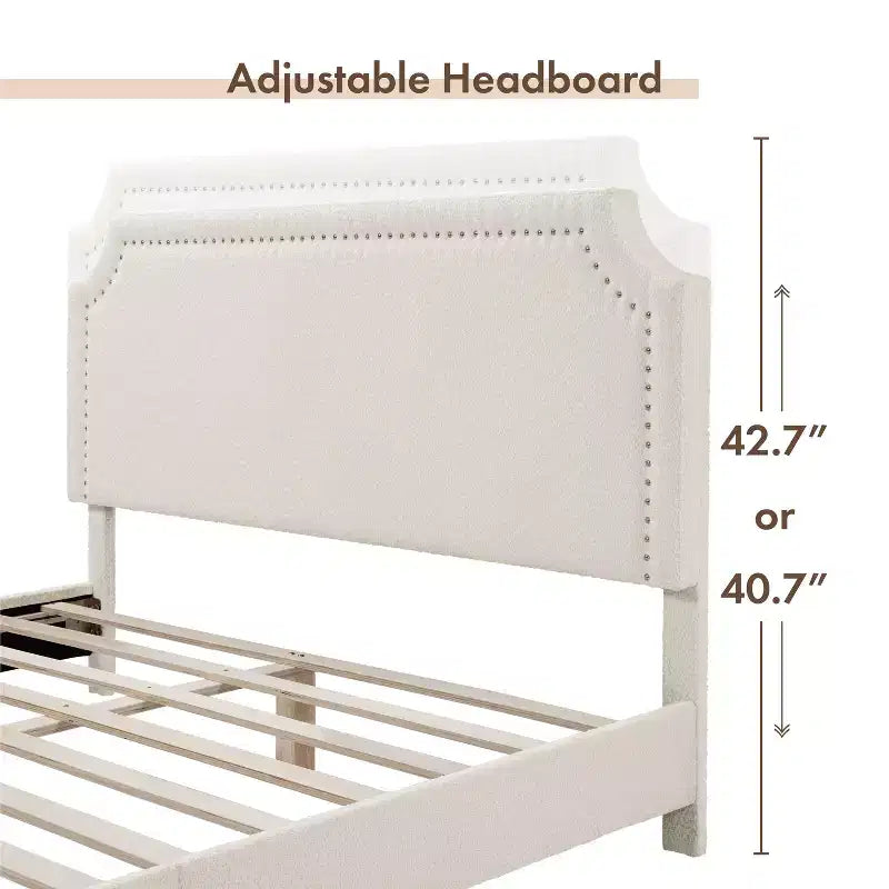 Lit plate-forme moderne Queen Heartwild en tissu bouclé blanc avec clous et tapissé, magasin ouvert 24h/24, 7j/7 : polyester, cadre en bois, sommier tapissier non requis