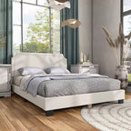 Lit plate-forme moderne Queen Heartwild en tissu bouclé blanc avec clous et tapissé, magasin ouvert 24h/24, 7j/7 : polyester, cadre en bois, sommier tapissier non requis