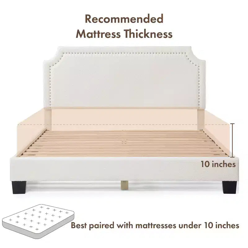 Lit plate-forme moderne Queen Heartwild en tissu bouclé blanc avec clous et tapissé, magasin ouvert 24h/24, 7j/7 : polyester, cadre en bois, sommier tapissier non requis