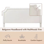 Lit plate-forme moderne Queen Heartwild en tissu bouclé blanc avec clous et tapissé, magasin ouvert 24h/24, 7j/7 : polyester, cadre en bois, sommier tapissier non requis