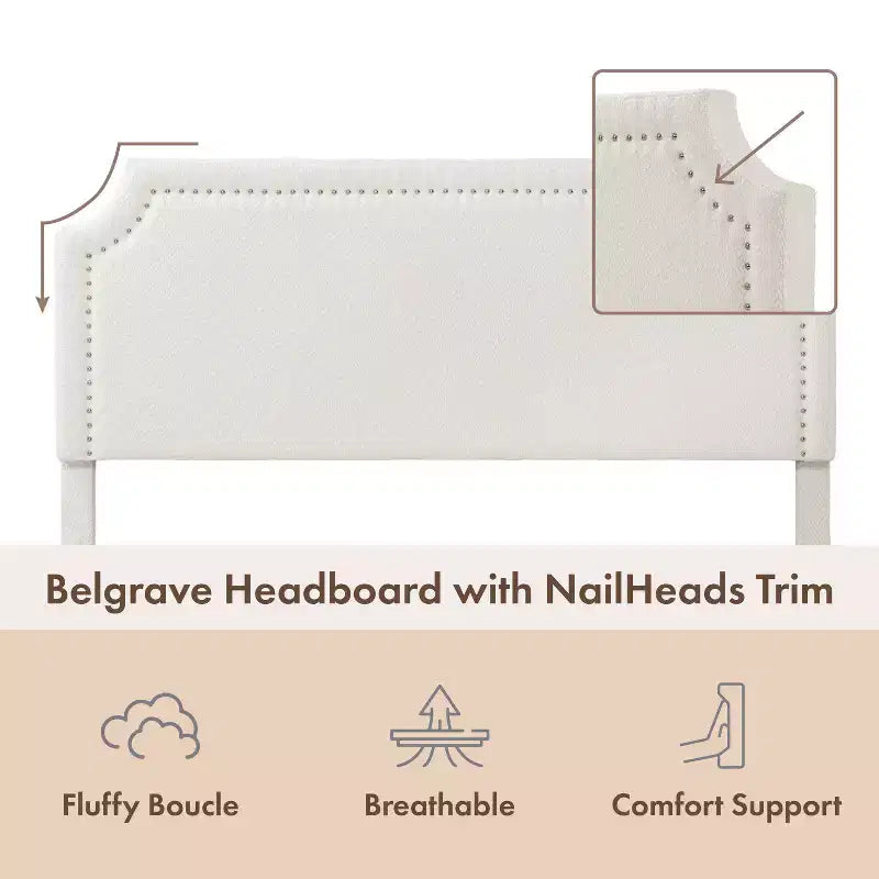 Lit plate-forme moderne Queen Heartwild en tissu bouclé blanc avec clous et tapissé, magasin ouvert 24h/24, 7j/7 : polyester, cadre en bois, sommier tapissier non requis