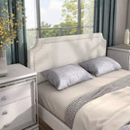Lit plate-forme moderne Queen Heartwild en tissu bouclé blanc avec clous et tapissé, magasin ouvert 24h/24, 7j/7 : polyester, cadre en bois, sommier tapissier non requis