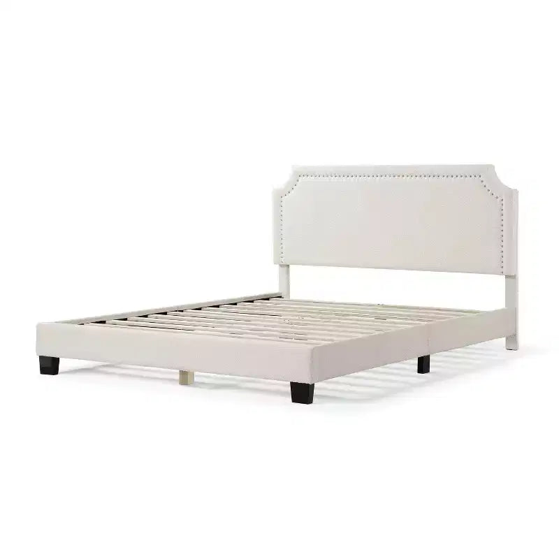 Lit plate-forme moderne Queen Heartwild en tissu bouclé blanc avec clous et tapissé, magasin ouvert 24h/24, 7j/7 : polyester, cadre en bois, sommier tapissier non requis