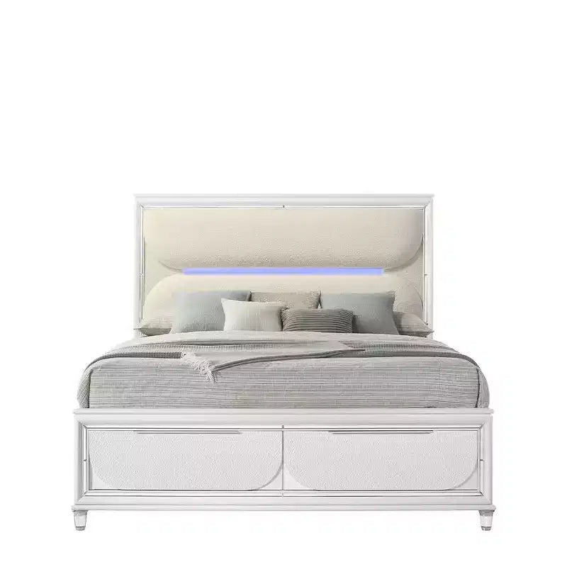 Lit Queen 162 cm Tarian Boucle Blanc Perle - Acme Furniture : Tête de lit LED, Pied de lit de rangement