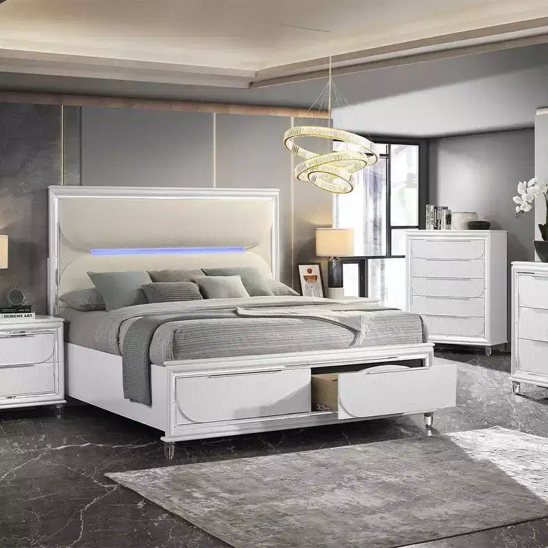 Lit Queen 162 cm Tarian Boucle Blanc Perle - Acme Furniture : Tête de lit LED, Pied de lit de rangement