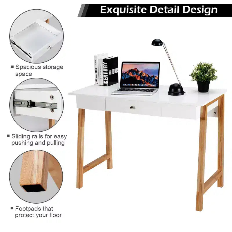Costway Bureau informatique, table d'écriture pour PC portable, table de toilette avec tiroir et pieds en bois
