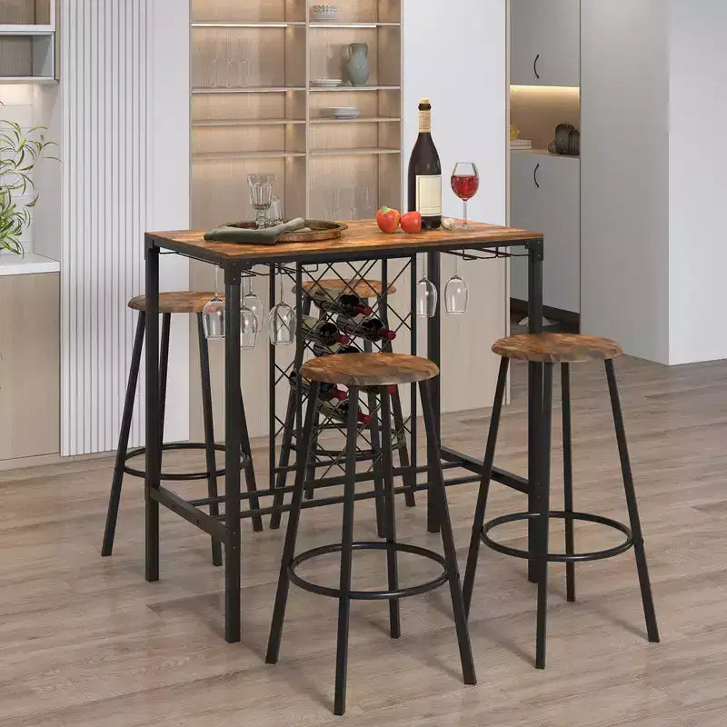 Costway Ensemble Table de Bar et Tabourets 5 Pièces, Style Industriel avec Range-Bouteilles et Porte-Verres