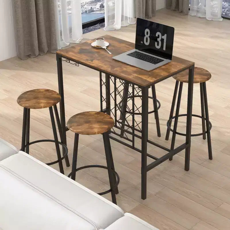 Costway Ensemble Table de Bar et Tabourets 5 Pièces, Style Industriel avec Range-Bouteilles et Porte-Verres