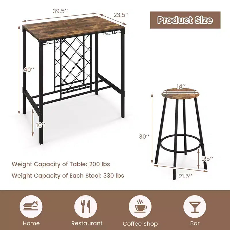 Costway Ensemble Table de Bar et Tabourets 5 Pièces, Style Industriel avec Range-Bouteilles et Porte-Verres