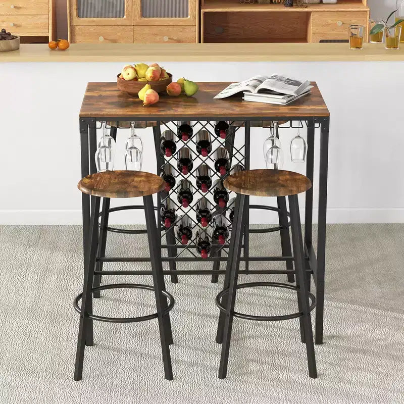 Costway Ensemble Table de Bar et Tabourets 5 Pièces, Style Industriel avec Range-Bouteilles et Porte-Verres