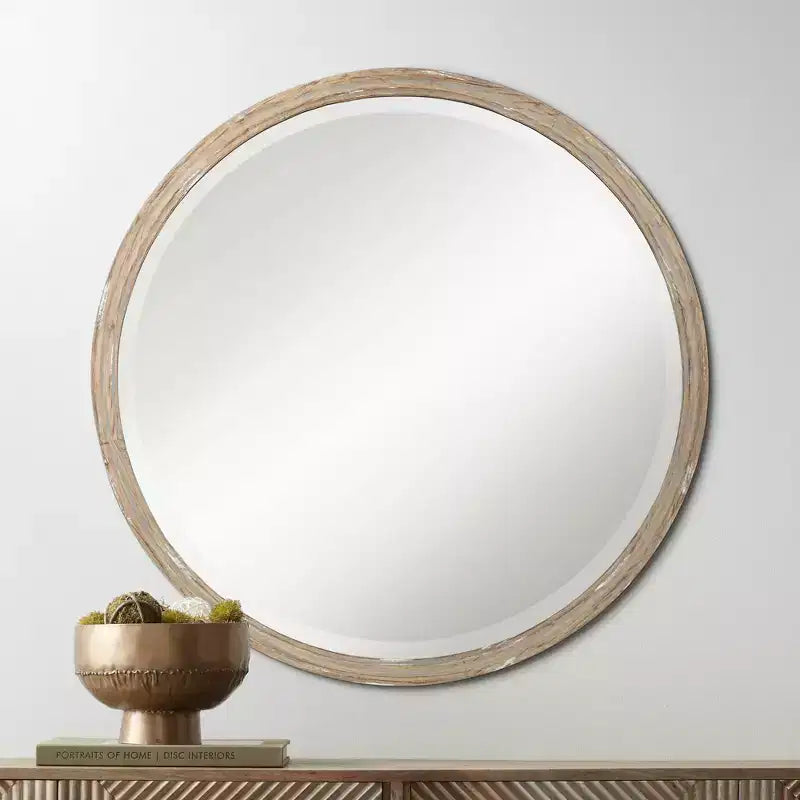 Miroir mural rond Uttermost Greta, 34 po, fini faux bois
