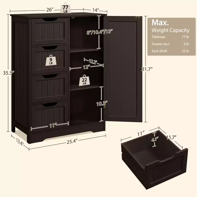 Meuble de Salle de Bain sur Pied Yaheetech en Bois avec 4 Tiroirs et 1 Placard