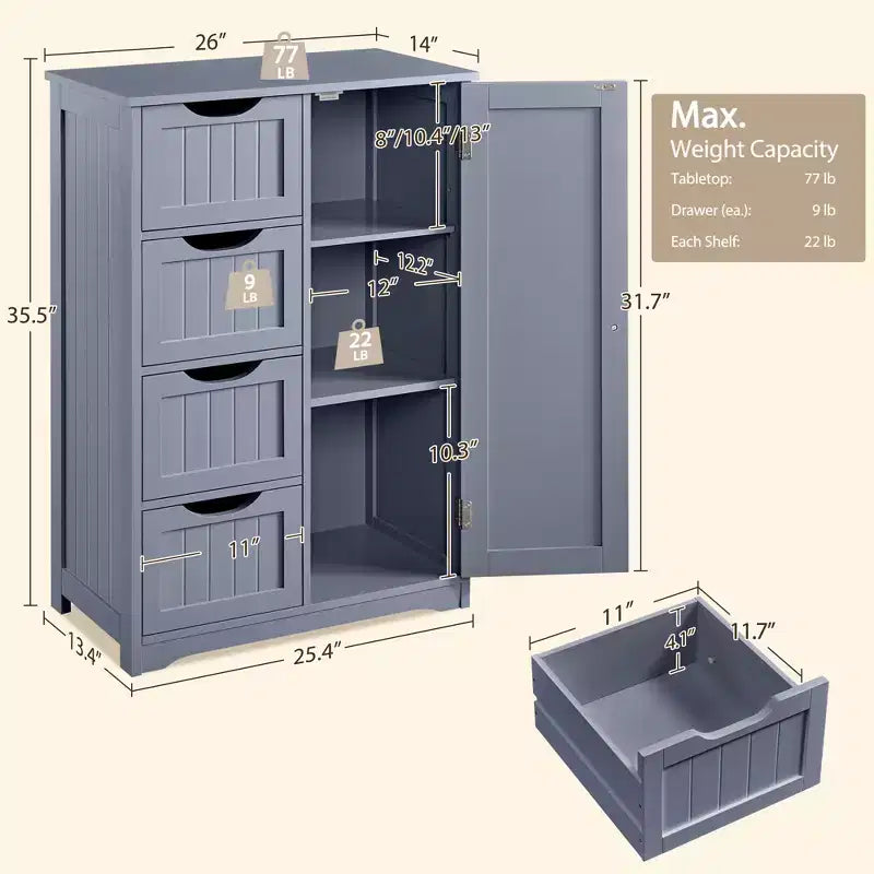Meuble de Salle de Bain sur Pied Yaheetech en Bois avec 4 Tiroirs et 1 Placard