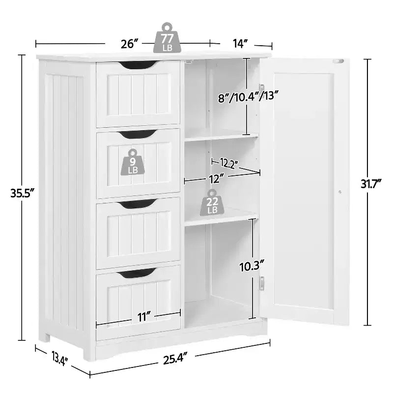 Meuble de Salle de Bain sur Pied Yaheetech en Bois avec 4 Tiroirs et 1 Placard