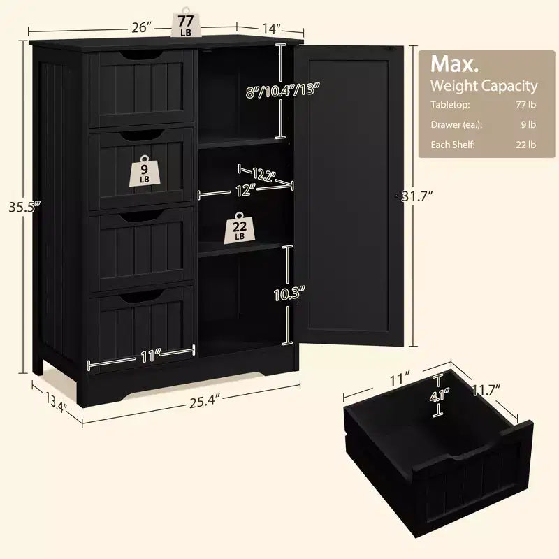 Meuble de Salle de Bain sur Pied Yaheetech en Bois avec 4 Tiroirs et 1 Placard