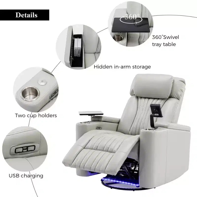 Fauteuil inclinable électrique, fauteuil d'appoint pivotant à 270° avec accoudoir de rangement, lumière LED, porte-gobelet, tablette pivotante et support de téléphone - ModernLuxe