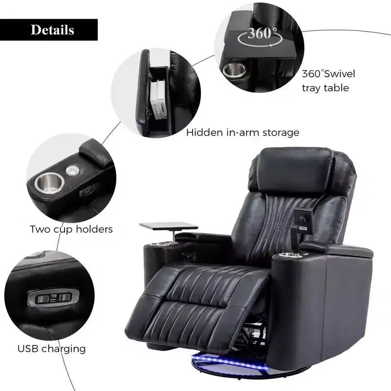 Fauteuil inclinable électrique, fauteuil d'appoint pivotant à 270° avec accoudoir de rangement, lumière LED, porte-gobelet, tablette pivotante et support de téléphone - ModernLuxe