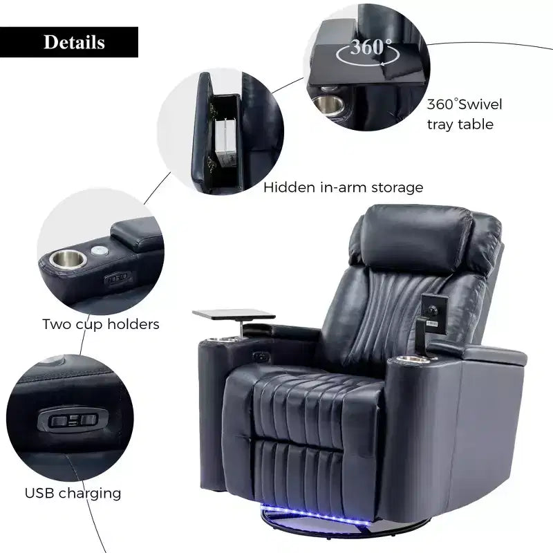 Fauteuil inclinable électrique, fauteuil d'appoint pivotant à 270° avec accoudoir de rangement, lumière LED, porte-gobelet, tablette pivotante et support de téléphone - ModernLuxe